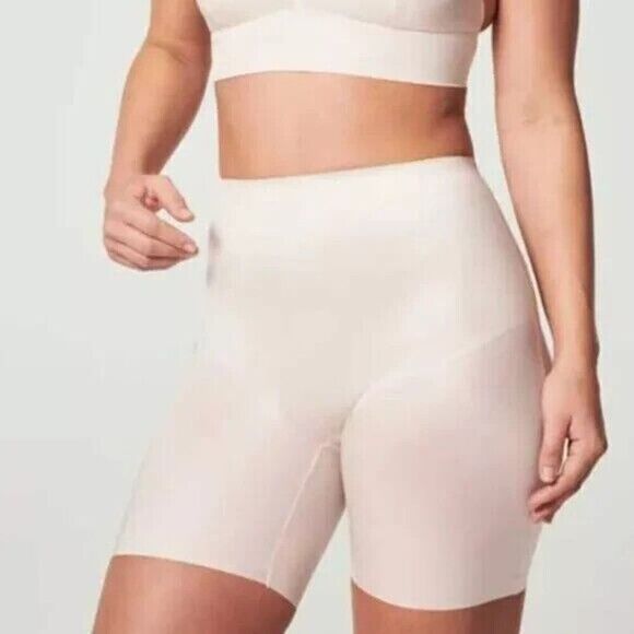 SPANX Shaping Satin Seamless Mid Thigh Shaping Shorts Womens 3X Linen 10323R - Picture 2 of 4